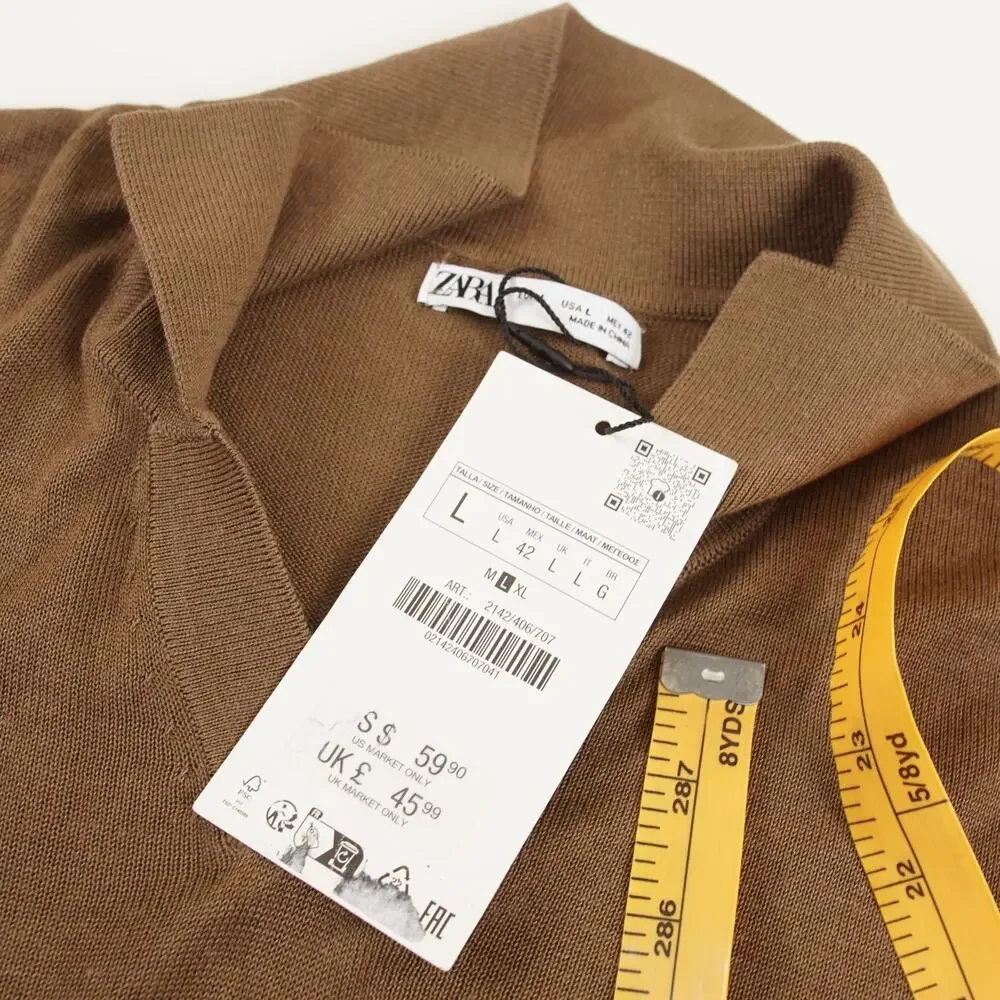 NWT Zara Cotton Linen Lyocell Soft Brown Knit Short Sleeve Polo Mens Sz L - Picture 5 of 7